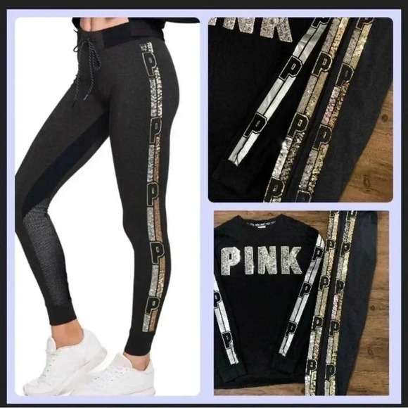 PINK VS BLING TSHIRT / SEQUIN JOGGER LEGGINGS  P OUTFIT - Picture 1 of 12
